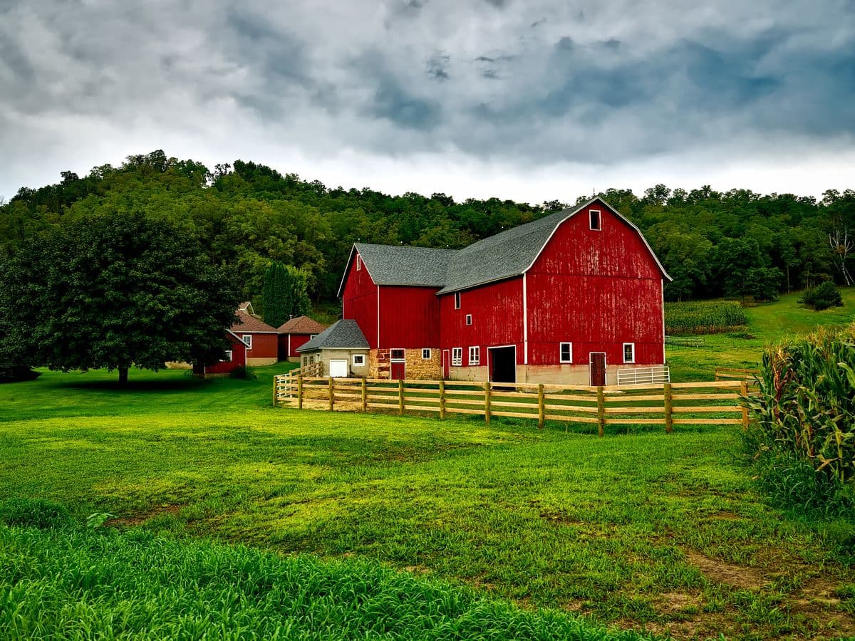 Farm and ranch rail fencing near a barn