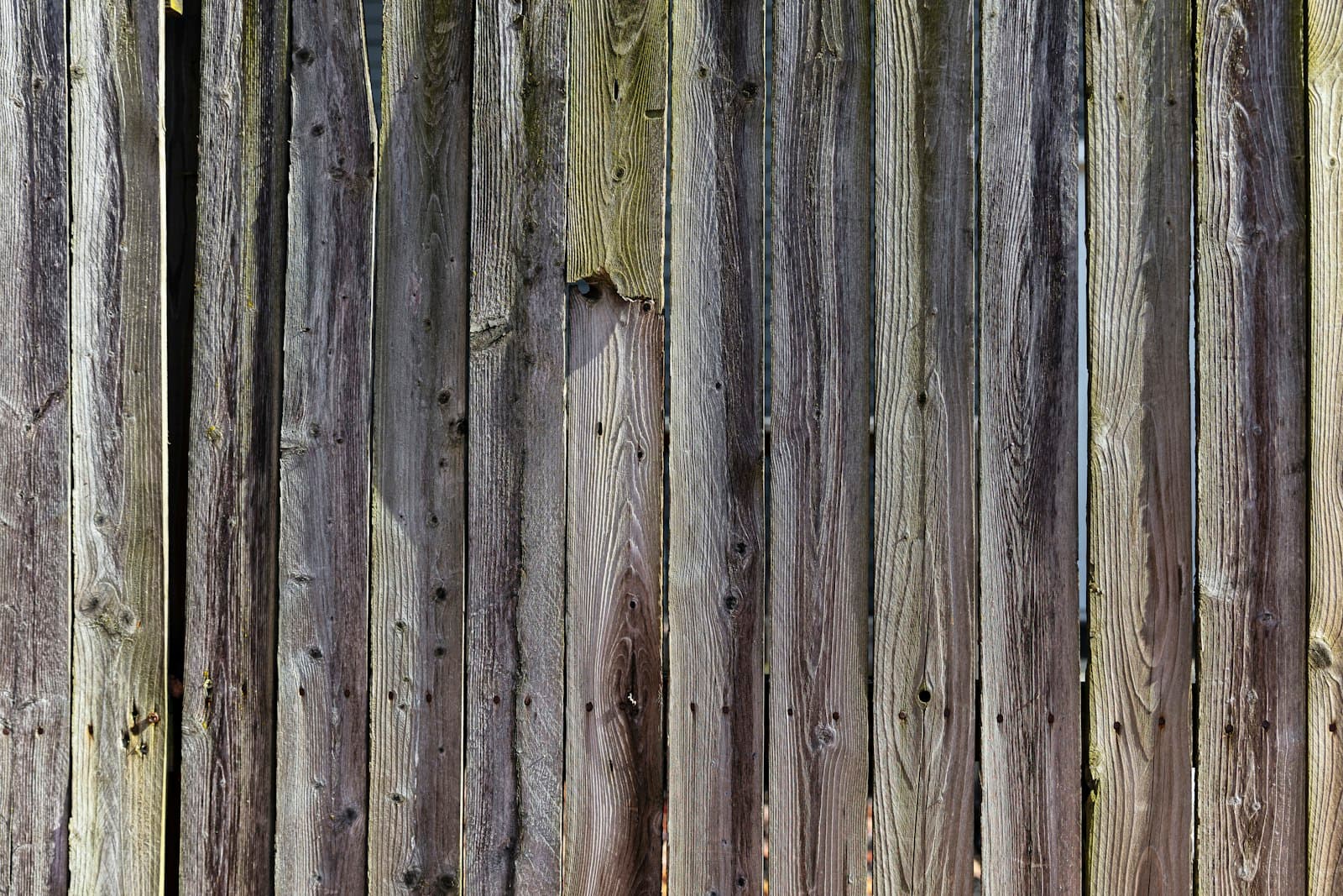 Weathered wood fence boards with a broken section needing repair